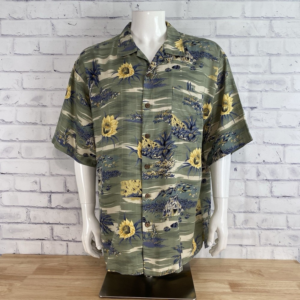 Tommy Bahama Shirt Men's XL 100% Silk Button Up‎ Camp Shirt Hawaiian Green Vtg